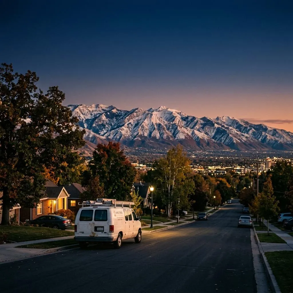 Evening light over a Salt Lake City street with the Wasatch Mountains behind