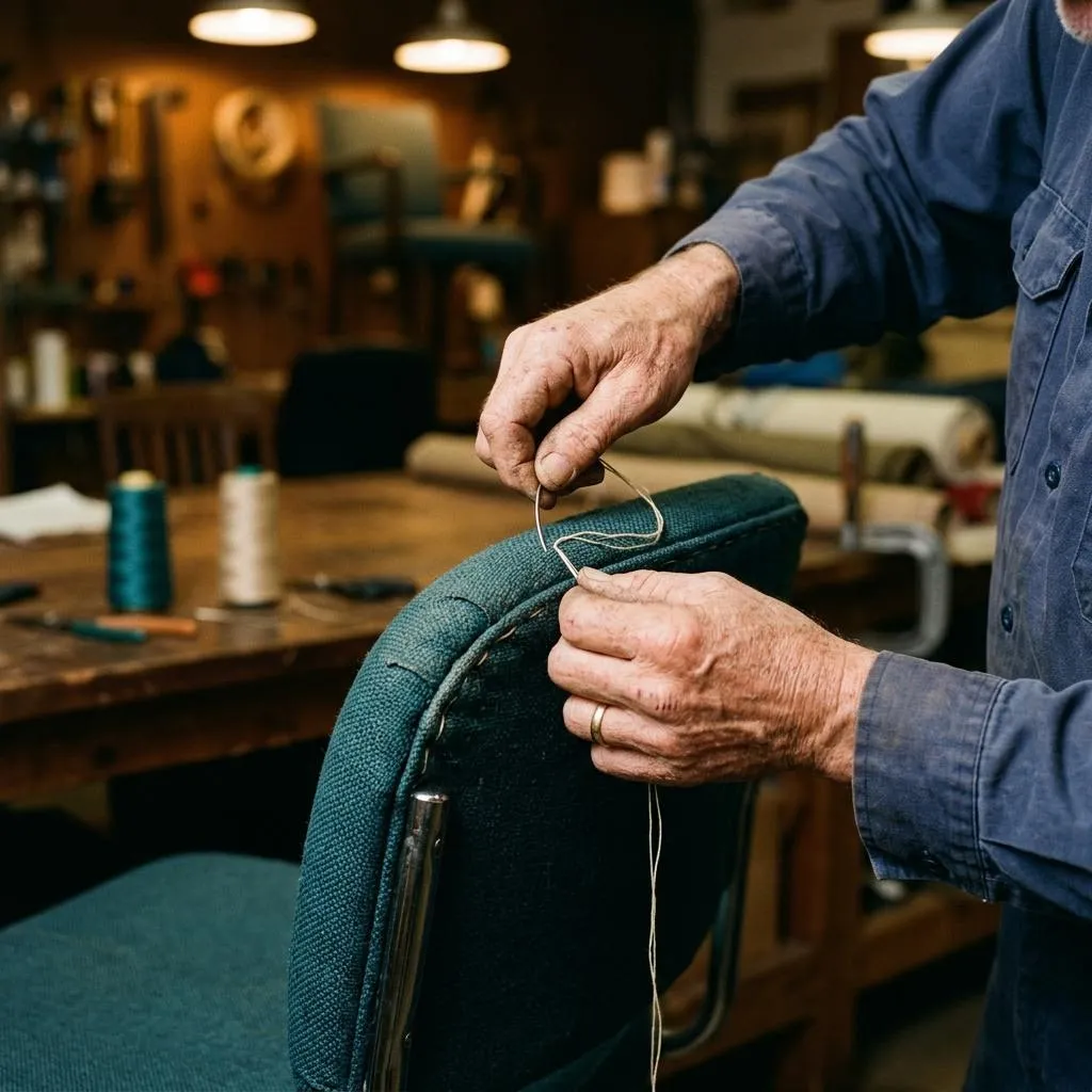 Hands stitching dark teal upholstery on a chair in a workshop